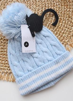 Голубая вязаная шапка с помпоном matalan 0-6 мес