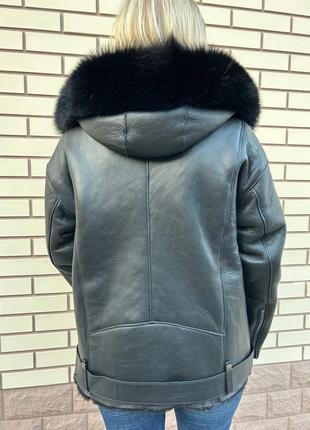 Дублянка натуральна овчина песець капюшон косуха пілот авіатор