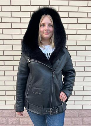 Дублянка натуральна овчина песець капюшон косуха пілот авіатор