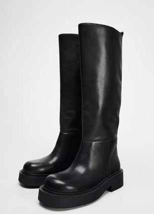 Кожаные сапоги черные высокие сапоги zara new