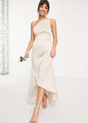 Атласное сатиновое платье макси мидакси на одно плечо пудровое вечернее