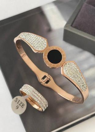 Набор медсталь, браслет разъемный булгари с фианитами и кольцо три дорожки