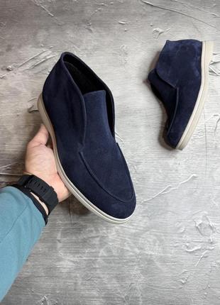 Стильні чоловічі теплі лофери демісезонні, осінні, замшеві, сині туфлі замша, чоловіче...