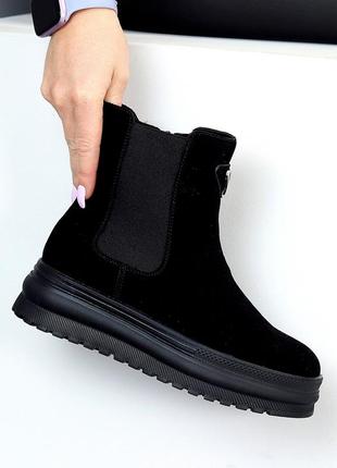 Женские замшевые черные ботинки зимние ботинки теплые на меху натуральная замша зима