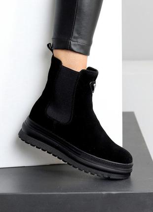 Женские замшевые черные ботинки зимние ботинки теплые на меху натуральная замша зима