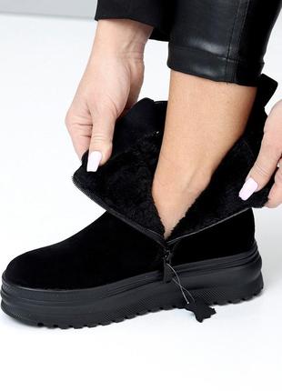 Женские замшевые черные ботинки зимние ботинки теплые на меху натуральная замша зима
