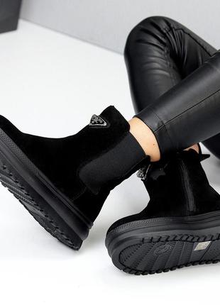 Женские замшевые черные ботинки зимние ботинки теплые на меху натуральная замша зима