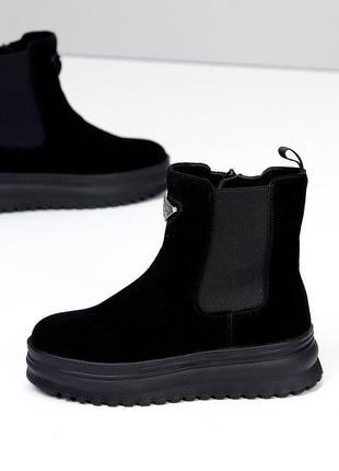Женские замшевые черные ботинки зимние ботинки теплые на меху натуральная замша зима