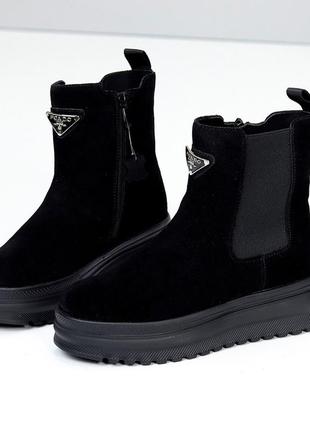 Женские замшевые черные ботинки зимние ботинки теплые на меху натуральная замша зима