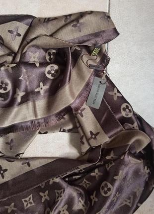 Шарф брендовый женский коричнево бежевый кашемир/шелк