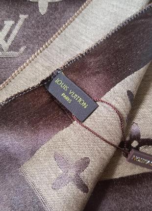 Шарф брендовый женский коричнево бежевый кашемир/шелк