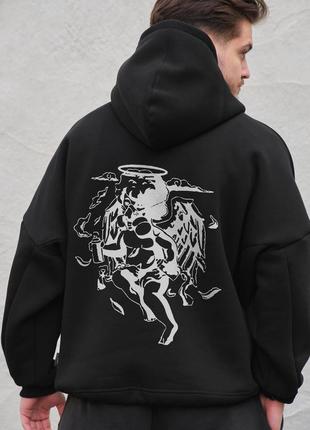 Чоловіче оверсай худі толстовка на флісі з капюшоном та принтом without respirator black