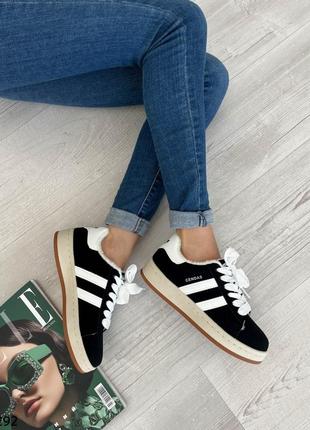 Жіночі чорні кеди зимові кросівки теплі на хутрі еко-замша осінь зима