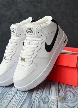 Nike air force 1 mid кроссовки кеды мужские найк форс высокие теплые кожаные с мехом зимние топ качество лицензия белые с черным