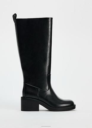 Чоботи зара zara на широких підборах високі труби на каблуку