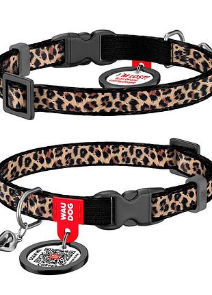 Нашийник для котів нейлоновий waudog nylon з qr паспортом, малюнок "леопард", пластиковий фастекс, xs, ш 10
