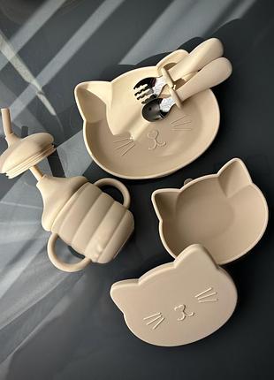 Дитячий посуд з харчового силікону набір котик беж