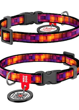 Нашийник для котів та дрібних порід собак нейлоновий waudog nylon з qr паспортом, малюнок "куби 3д",