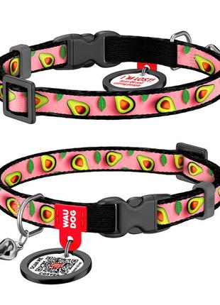 Нашийник для котів нейлоновий waudog nylon з qr паспортом, малюнок "авокадо на рожевому", пластиковий фастекс,