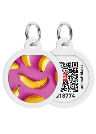 Адресник для собак і котів металевий waudog smart id з qr паспортом, малюнок "банани на рожевому", коло, д 25