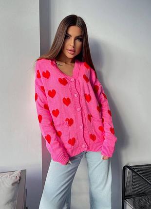 Трендовый теплый кардиган оверсайз в сердечко