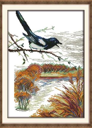 Набор для вышивания по нанесённой на канву схеме "the bird on branch-autumn".aida 14ct printed , 32*43 см