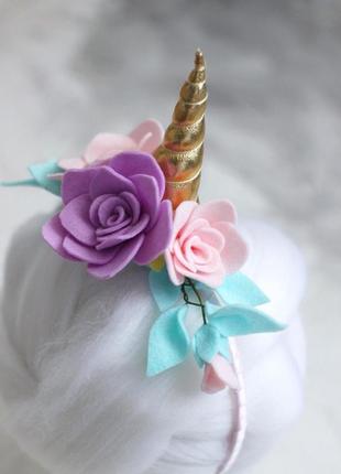 Обруч для волос с цветами из фетра в стиле «единорожка. единорог»