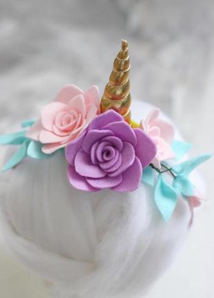 Обруч для волос с цветами из фетра в стиле «единорожка. единорог»