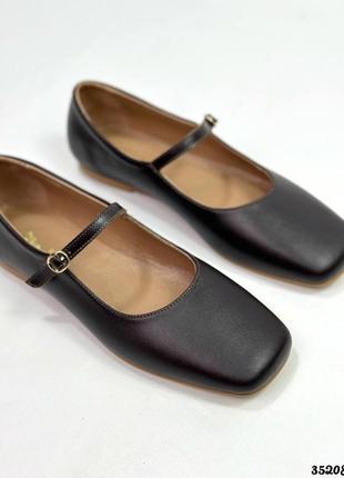 ▪️жіночі шкіряні балетки балерина мері джейн mary jane ремінець пряжка туфлі низький хід пласка танкетка коричневі шоколадні натуральна шкіра