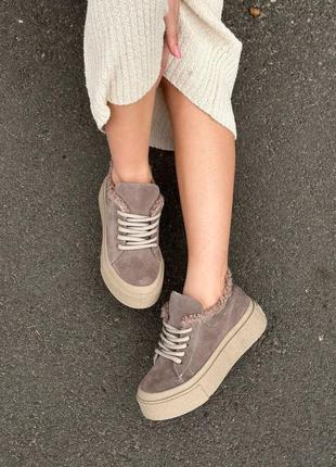 Кеди жіночі замшеві зимові темно-бежеві