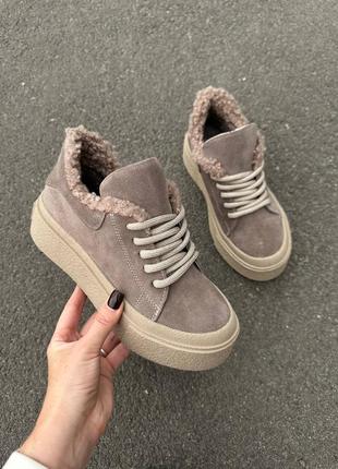 Кеди жіночі замшеві зимові темно-бежеві
