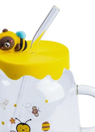Чашка з пластиковою кришкою та трубочкою кружка бджілка3 фото