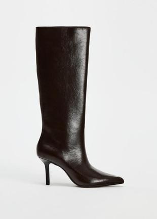 Сапоги высокие на тонких каблуках зара лаковые лакированные zara трубы