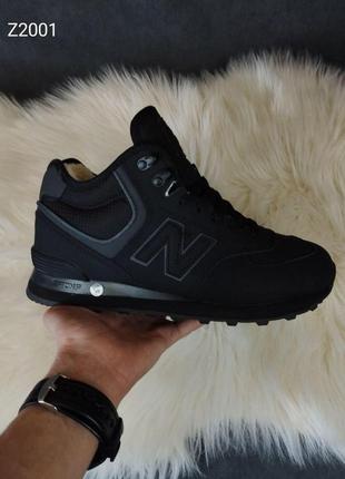 Чоловічі зимові високі кросівки new balance 574 нубук чорні теплі нью беланс на хутрі