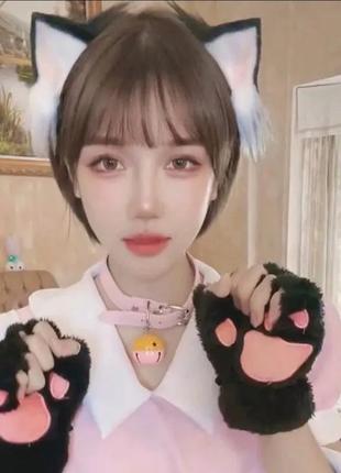 Квадробика, 2 шт. набор перчатки лапки котика + черный ободок с кошачьими ушками,...