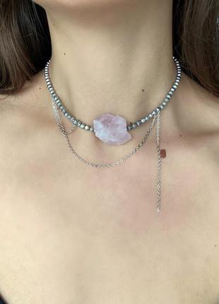 Колье из розового кварца и гематита колье разовышей кварц ожерелья