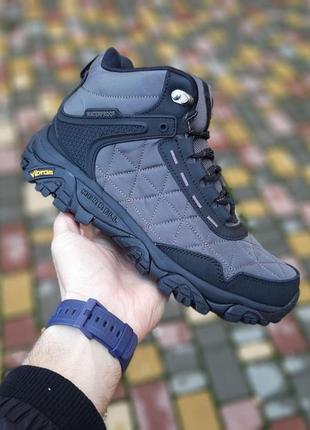 Теплі зимові чоловічі хутряні високі кросівки merrell tracking світло сірі кросівки мерел