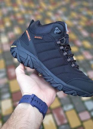 Теплі зимові чоловічі хутряні високі кросівки merrell moc ll  чорні з помаранчевим кросівки мерел мак