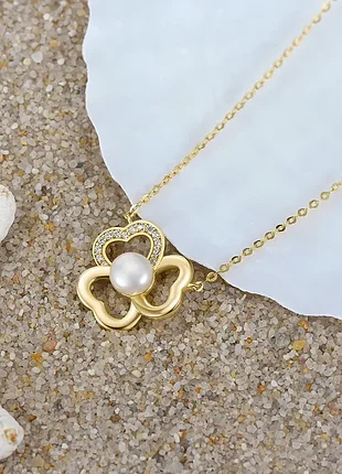 Серебряное колье "клевер" с натуральным жемчугом