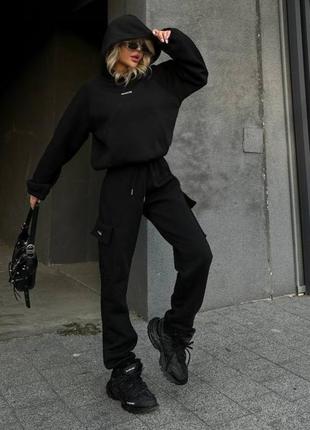 Спортивний костюм жіночий теплий толстовка oversize + джогери карго