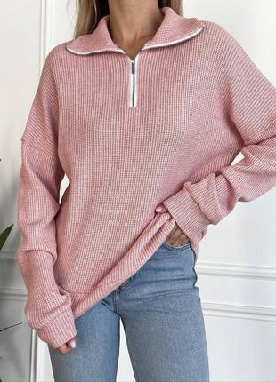 Трендовый вязаный свитер под горло на молнии кофта