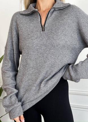 Трендовый вязаный свитер под горло на молнии кофта