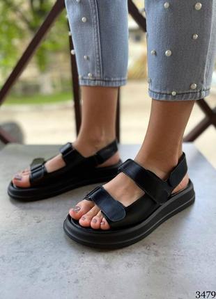 Босоножки женские кожаные черные сандалии на липучках9 фото