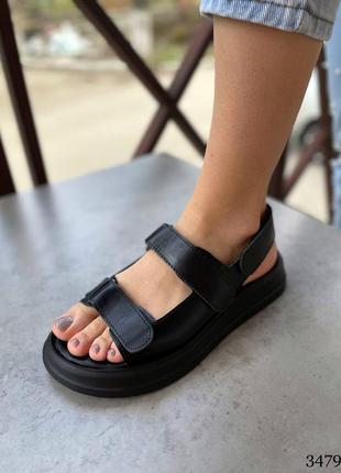 Босоножки женские кожаные черные сандалии на липучках6 фото