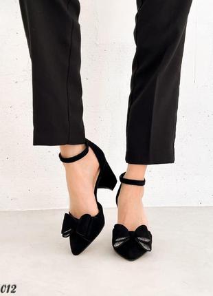 Женские черные туфли на каблуке эко-замша весна осень9 фото