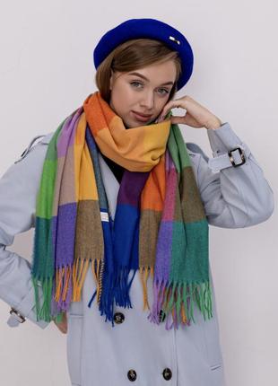Кашемировый палантин шарф в клетку с бахромой pashmina сине-оранжевый