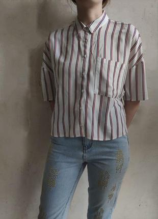 Укорочена сорочка в смужку з коротким рукавом, літня сорочка вільного крою, теніска2 фото