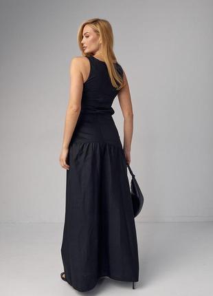 Бавовняна сукня максі з драпіруванням та вирізом на талії чорна2 фото