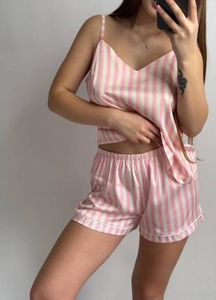 Пижама сатин атлас шелк розовая в полоску шорты майка комплект виктория сикрет victoria secret5 фото