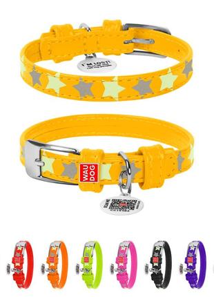 Нашийник для собак шкіряний waudog glamour з qr паспортом, візерунок "зірочка", світонакоплювальний, ш 12 мм,